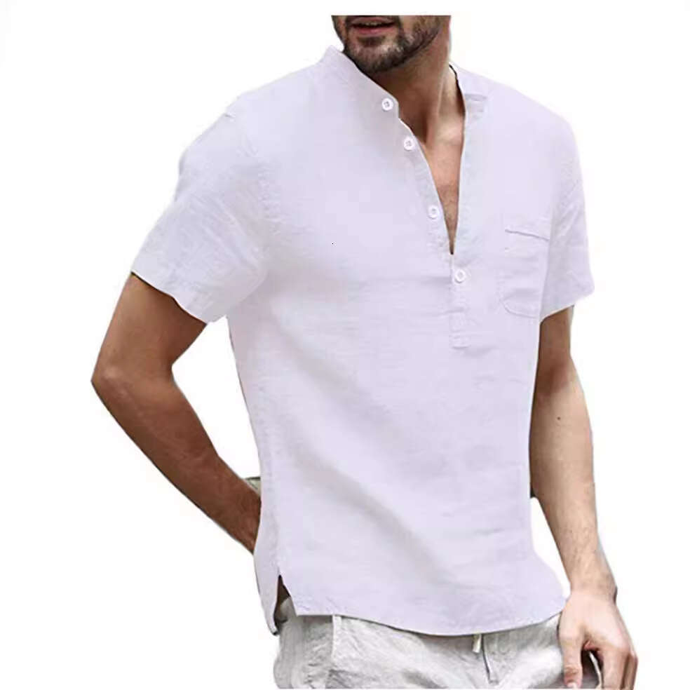 Summer New Cotton En Short Sleeved Men's T-Shirt Stand Up Collar Button Half Open Simple Shirt For Sports And Leisure B3