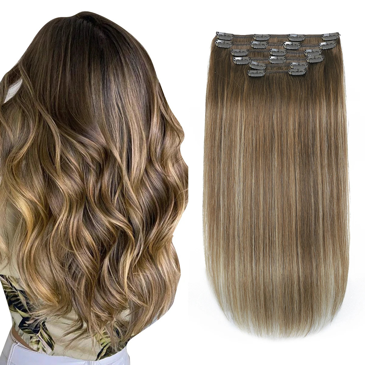 XDhair Clip in Hair Extensions 120g Real Human Hair Brown with Blonde Clip in Remy Human Hair Extensions 241125