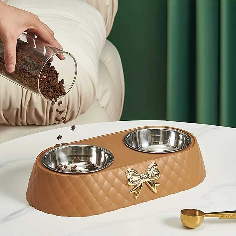 A set of colorful fashion bow pet bowl Large capacity feeding double bowl stainless steel cat bowl feeding water cat rice bowlXJ241125