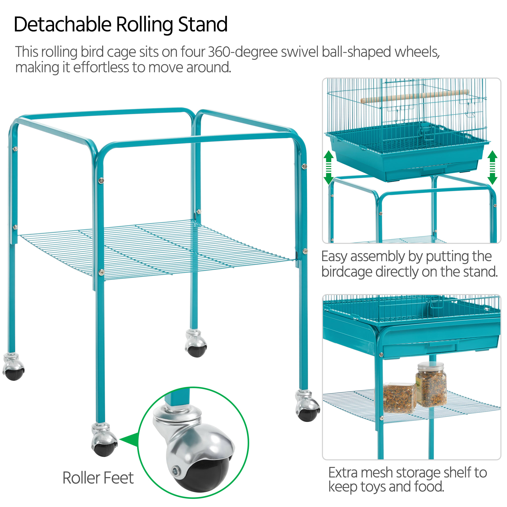 Topeakmart Teal Blue Metal Bird Cage with Detachable Rolling Stand for Small Birds, 47" H