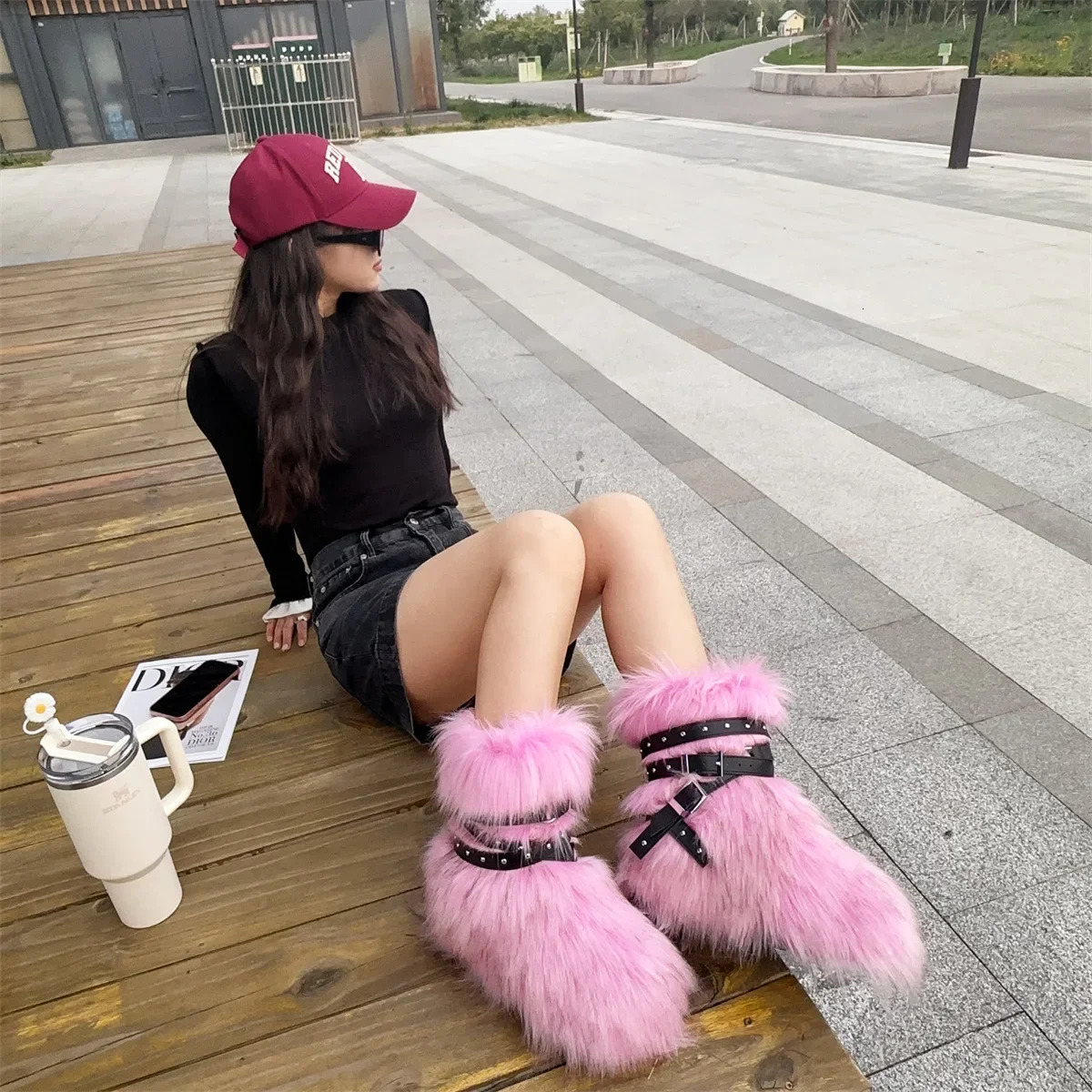 Winter Fur Onepiece Raccoon FurFemale Snow Boots Fur shoes OutdoorMid Leg Boots y2k Cool Pink 241125