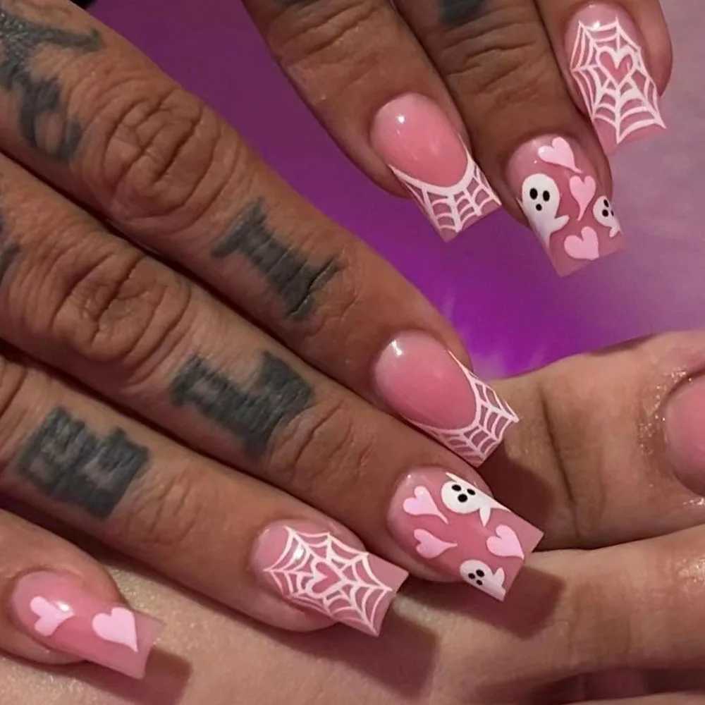 24 pieces of short square Halloween inspired fake nails painted ghosts cobweb and love designs all covered with pressed nailsW241125