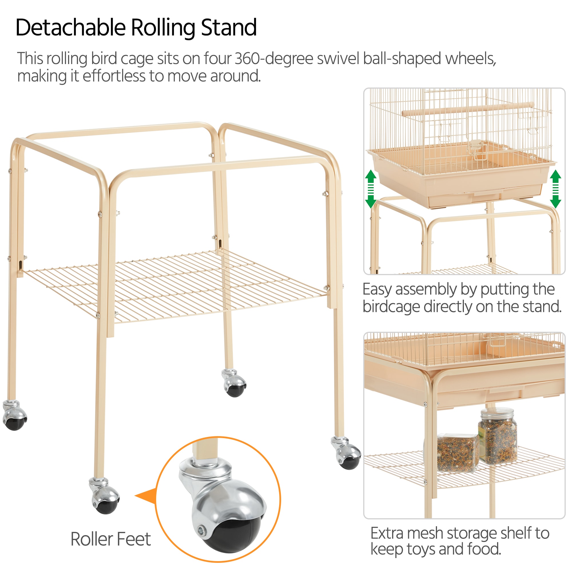 Topeakmart Almond Metal Bird Cage with Detachable Rolling Stand for Small Birds, 47" H
