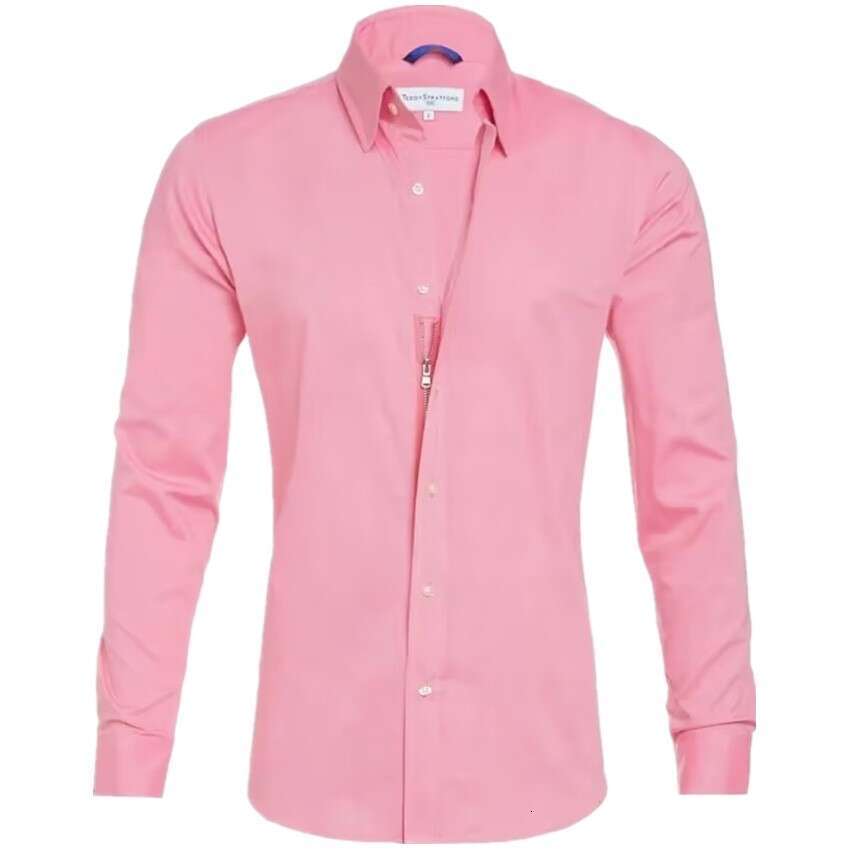 Men's Zipper Shirt With Hidden Fake Buttons Made Of Oxford Elastic Cotton B3
