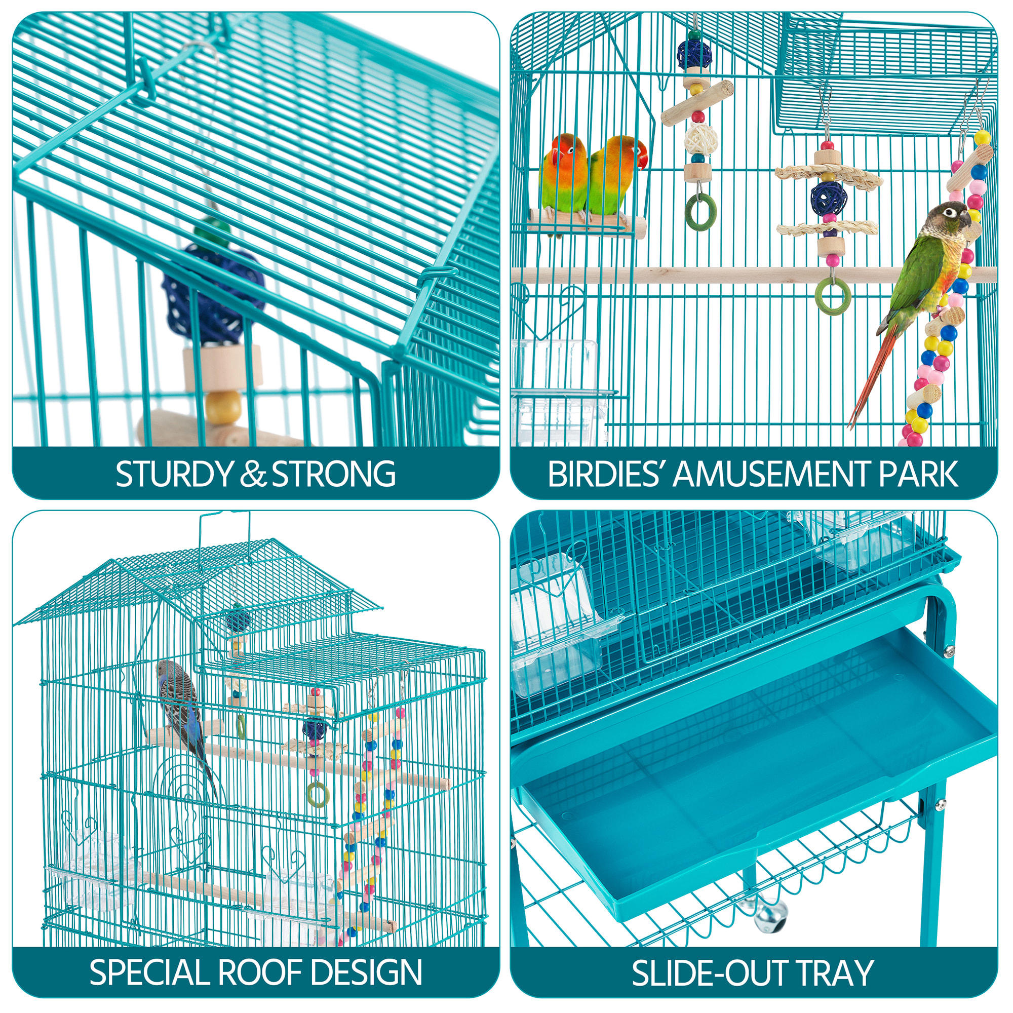 Topeakmart Teal Blue Metal Bird Cage with Ladder Toy and Rolling Detachable Stand, 62.4" H