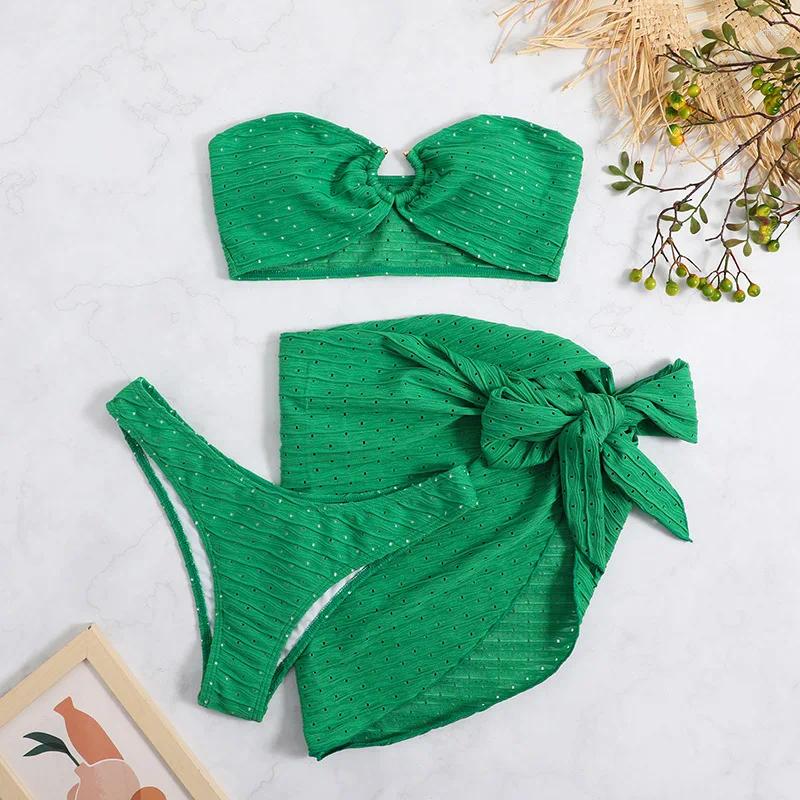 Womens Swimwear Three Pieces Swimming Suit Women Bandeau Bikinis 2024 Green Dress Push Up Bikini Set Girl Beachwear Bathing Summer