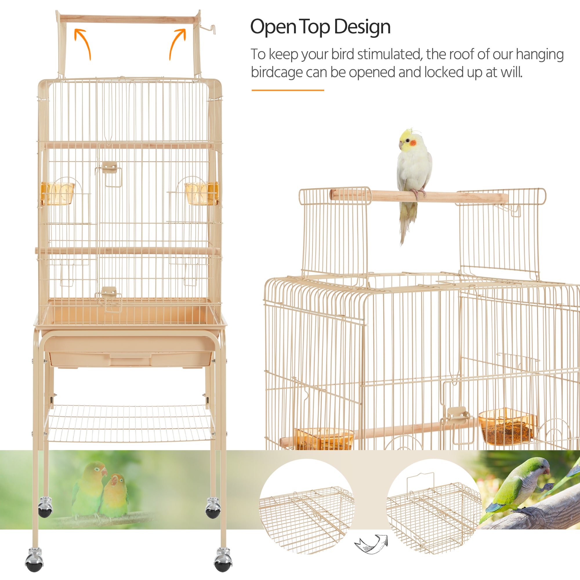 Topeakmart Almond Metal Bird Cage with Detachable Rolling Stand for Small Birds, 47" H