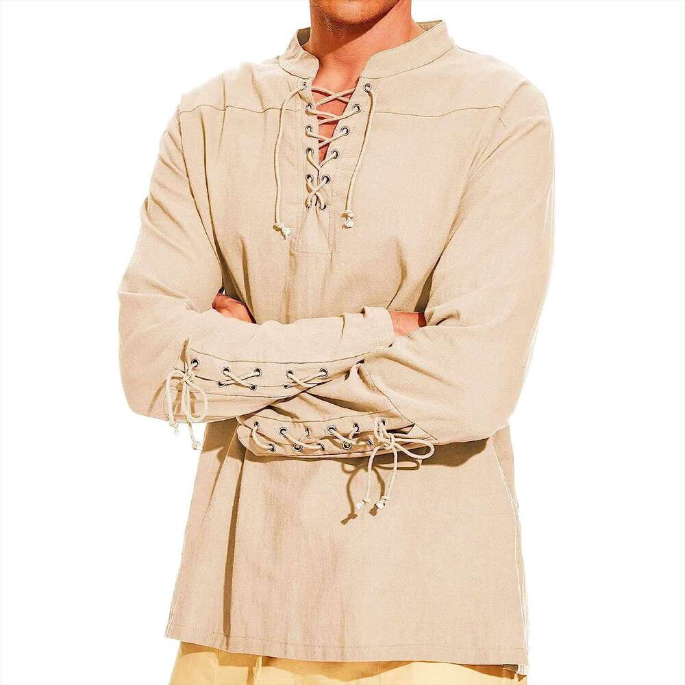 Men's New Cotton And En Henry Shirt Long Sleeved Hippie Casual Beach Stand Up Collar Ing European Size B3