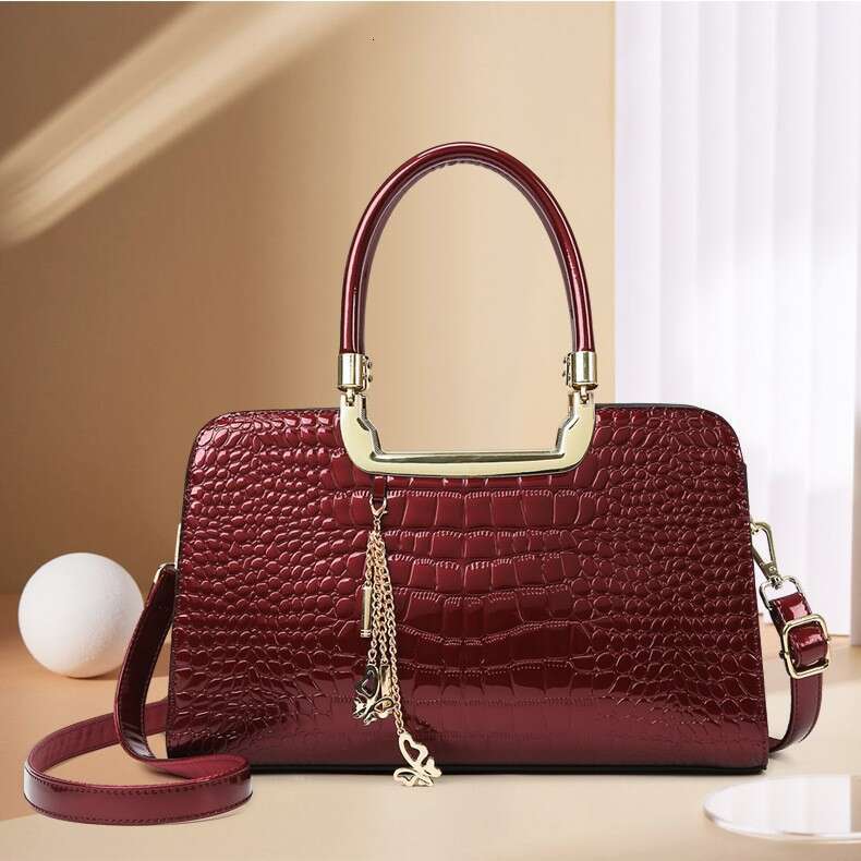 Hot Selling Bags, New Women's High-End Feel, Patent Leather, Stone Pattern Boston Single Shoulder Crossbody Bag, Large Capacity