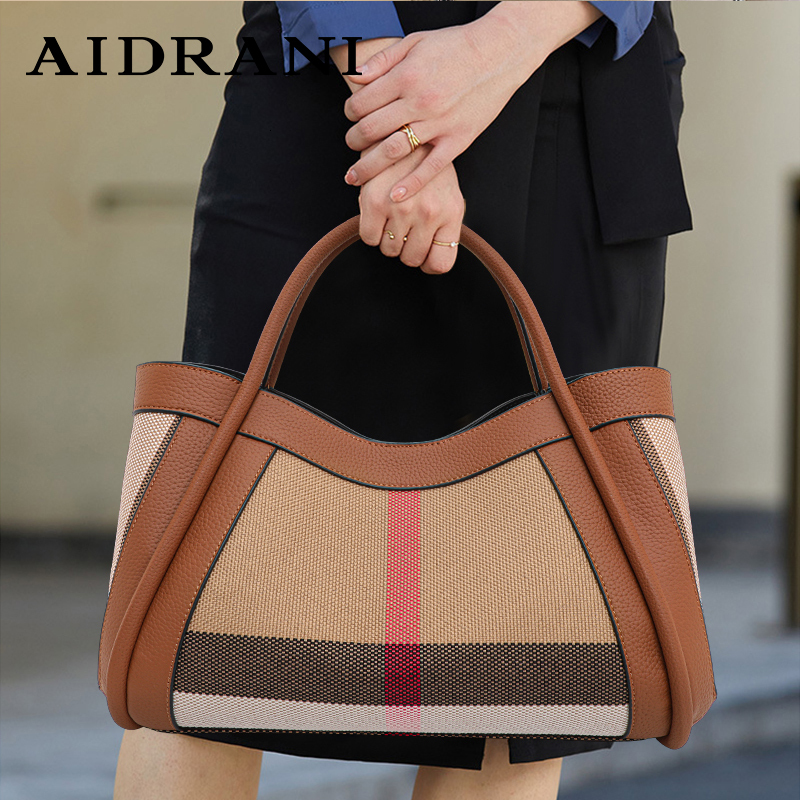 Shoulder Bags Aidrani 2025 New Retro Checkered Womens Designer Handbag Large Capacity Canvas Genuine Leather Bag