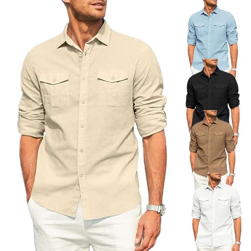 European American Men's Shirt With Double Pockets, Cotton And En Long Sleeves For Leisure Vacation B1