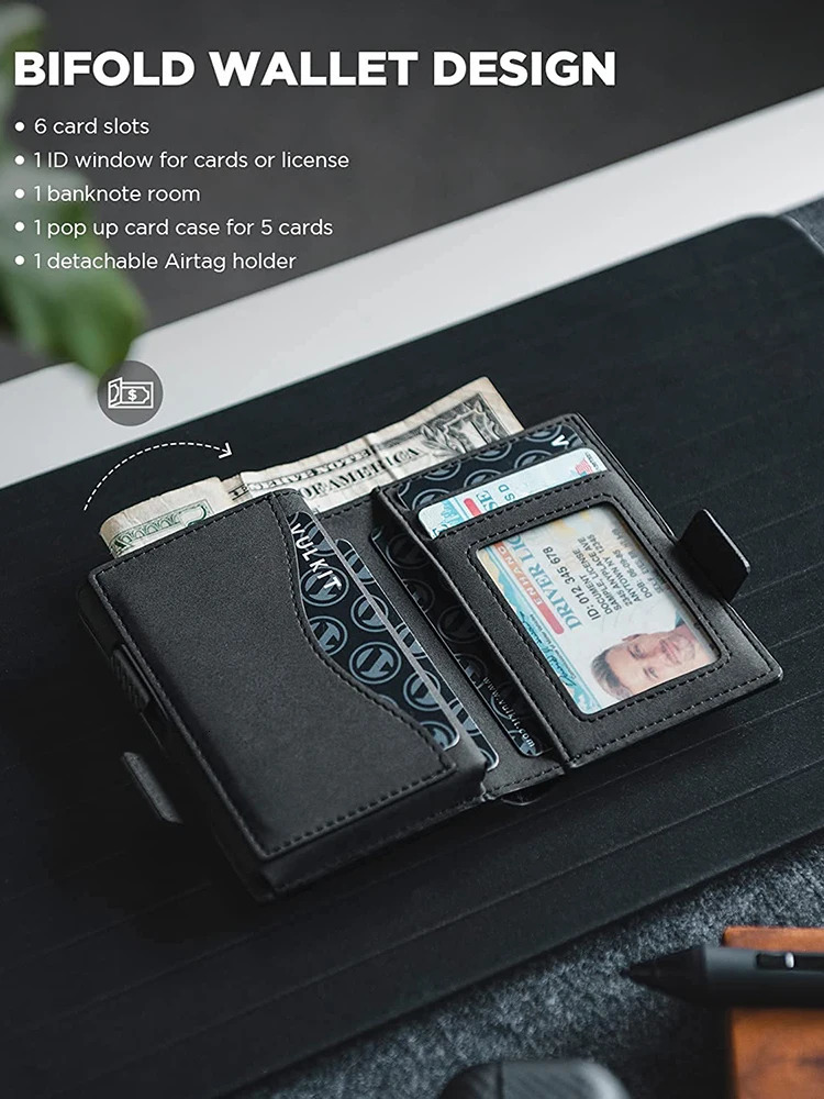 Card clip wallet with Airtag holder pop-up leather wallet RFID blocking magnetic seal 241125