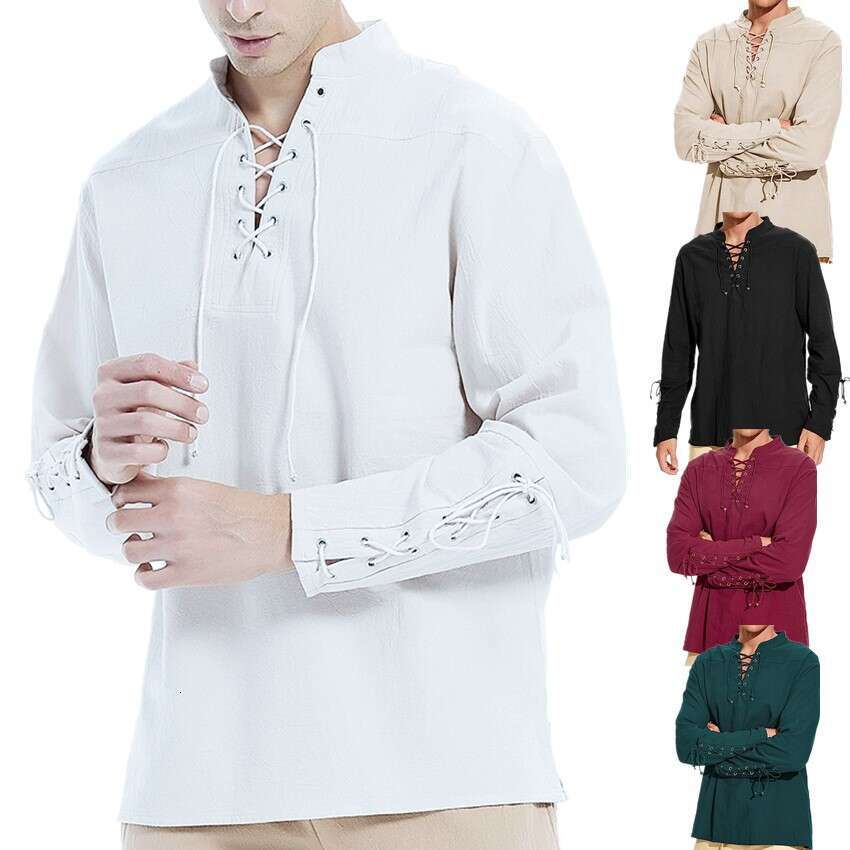 Men's New Cotton And En Henry Shirt Long Sleeved Hippie Casual Beach Stand Up Collar Ing European Size B3