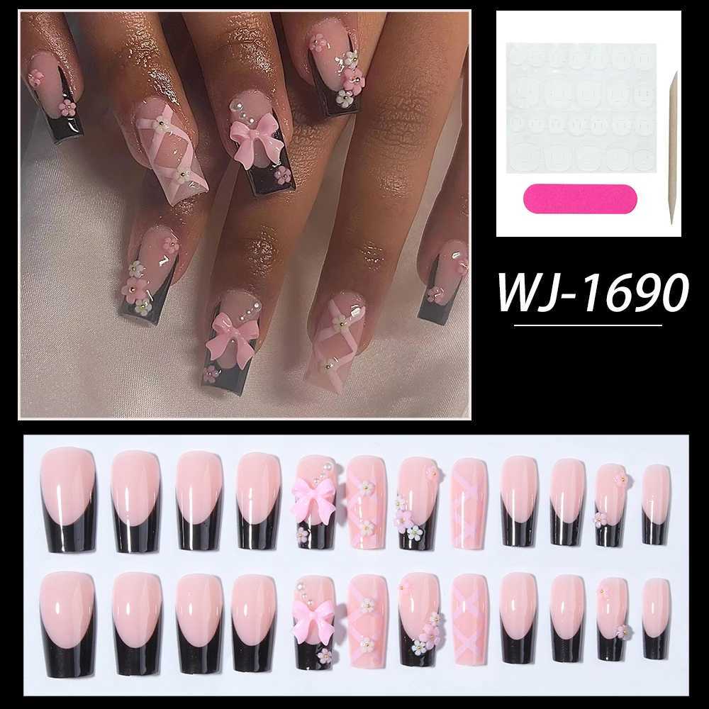 24 pieces of short and medium fake nails pink square nails 3D bow design Y2K pressed nails suitable for women and girls reusableW241125