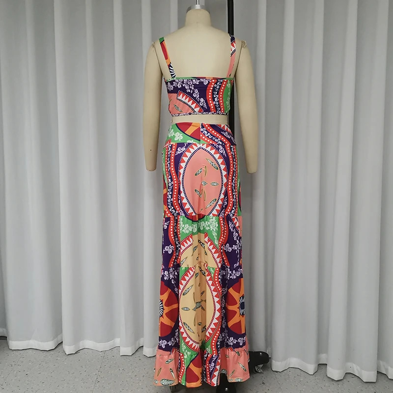 Wefads Two Piece Set Women Summer Casual Retro Printed Sleeveless V Neck CrissCross Vest Top Loose Long Skirt Sets Streetwear 240423