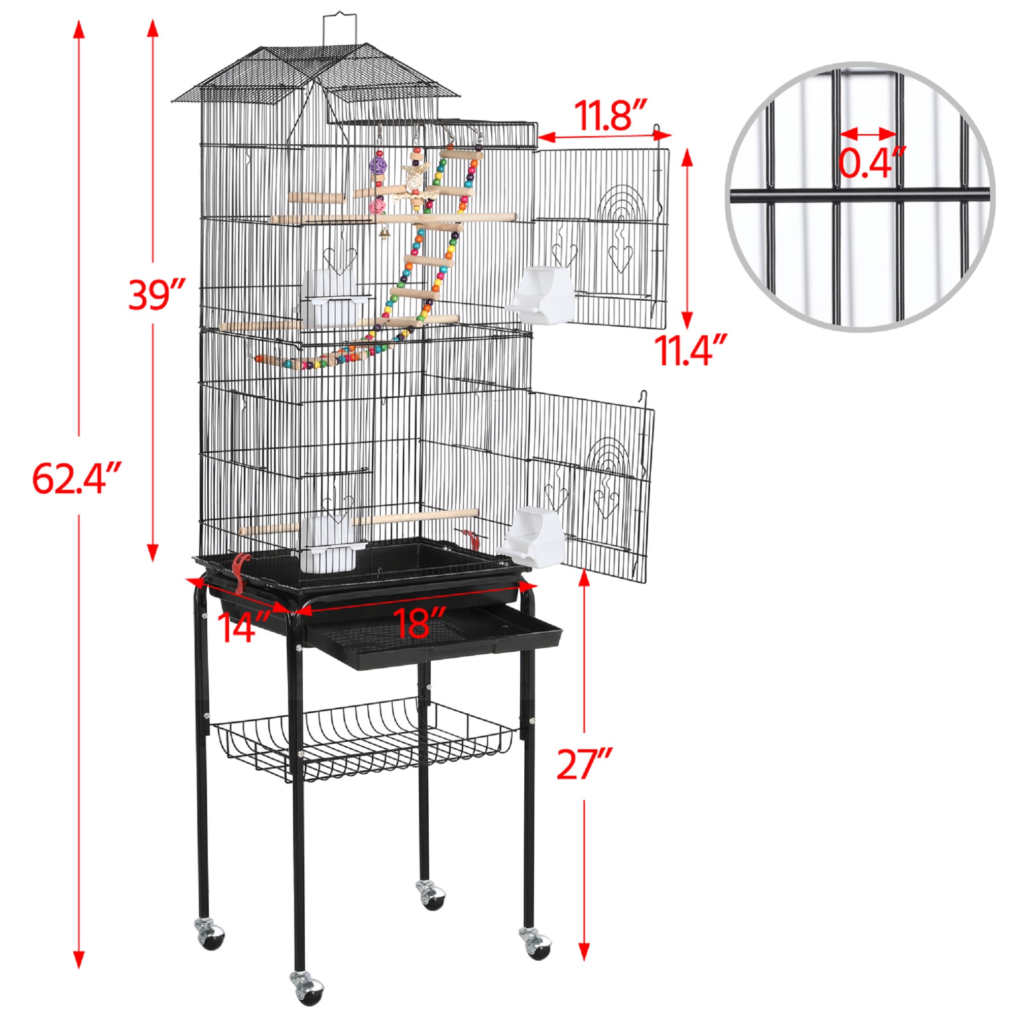 Topeakmart Black Metal Bird Cage with Ladder Toy and Rolling Detachable Stand, 62.4" H