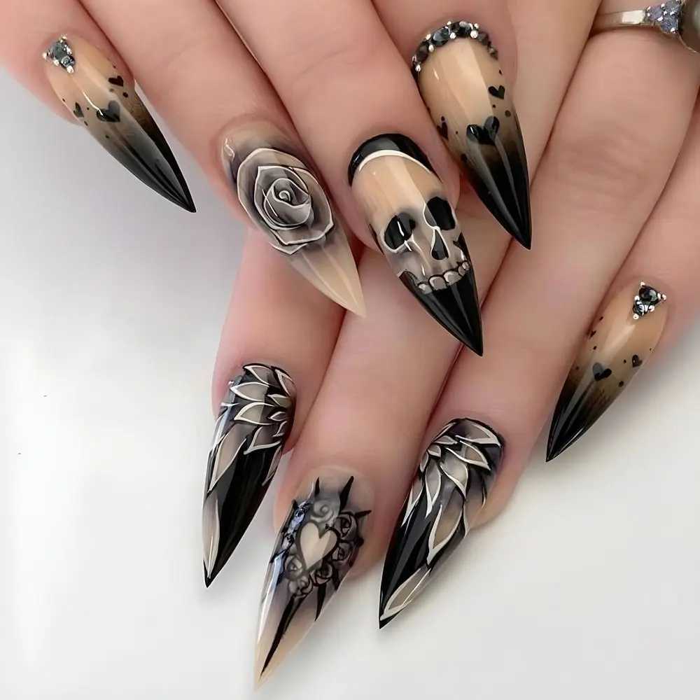 24 pieces of rose rhinestone Halloween skull fake nails fully covered detachable press fit wearable long-lasting fake nailsW241125