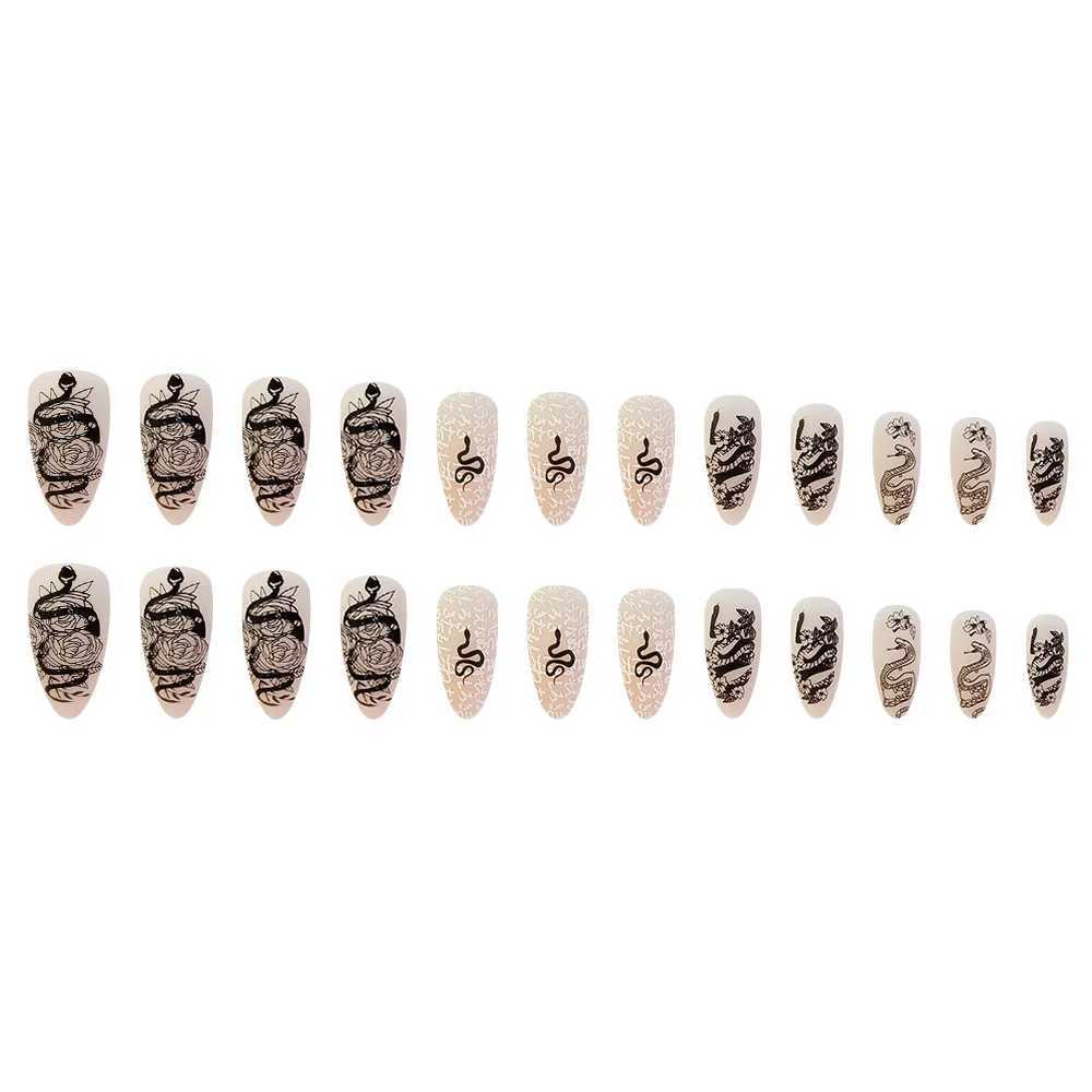 24 pieces of fake nails acrylic glue for medium and long holidays female nails (black and pink French)W241125