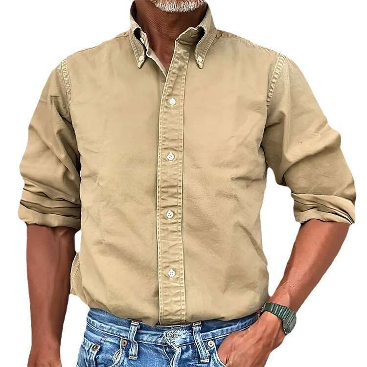 Four Seasons New Men's Business Daily Urban Versatile Collar Button Solid Color Shirt B3