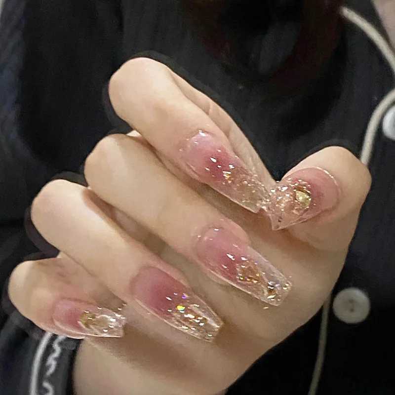 24 pieces/1 box of long ice penetrating square diamond sparkling pure fake nailsW241125