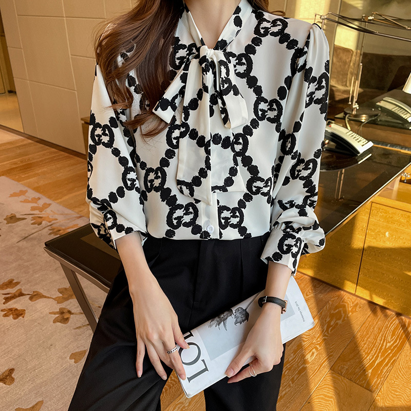 Womens Blouses Lace-up Bow Letter Print Women Shirt Lantern Long Sleeve Chiffon Blouse V-Neck French Button Versatile Base Layer Loose