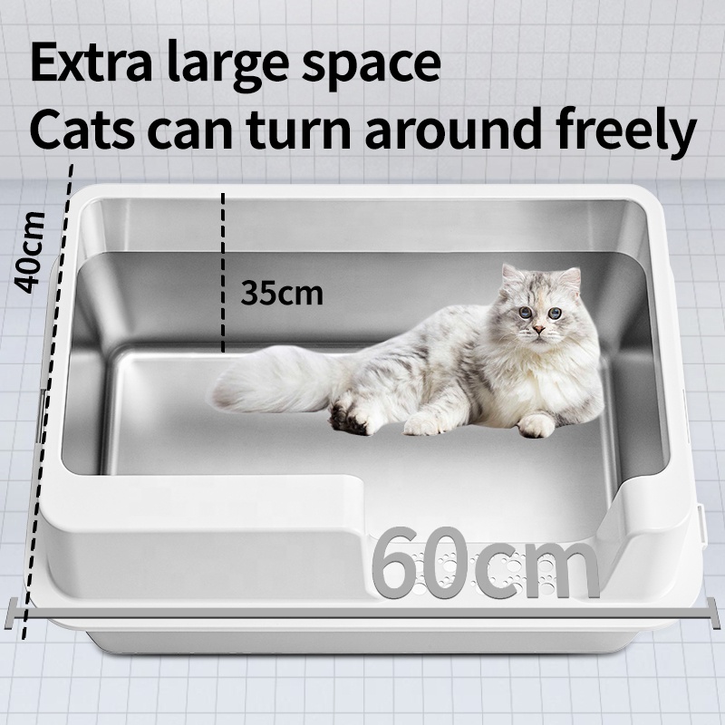 Oversized Stainless Steel Cat Litter Box Anti-Sand Pedal Shovel Easy-Clean Height-Enhanced Enclosure Prevent Sand Splashing Odor