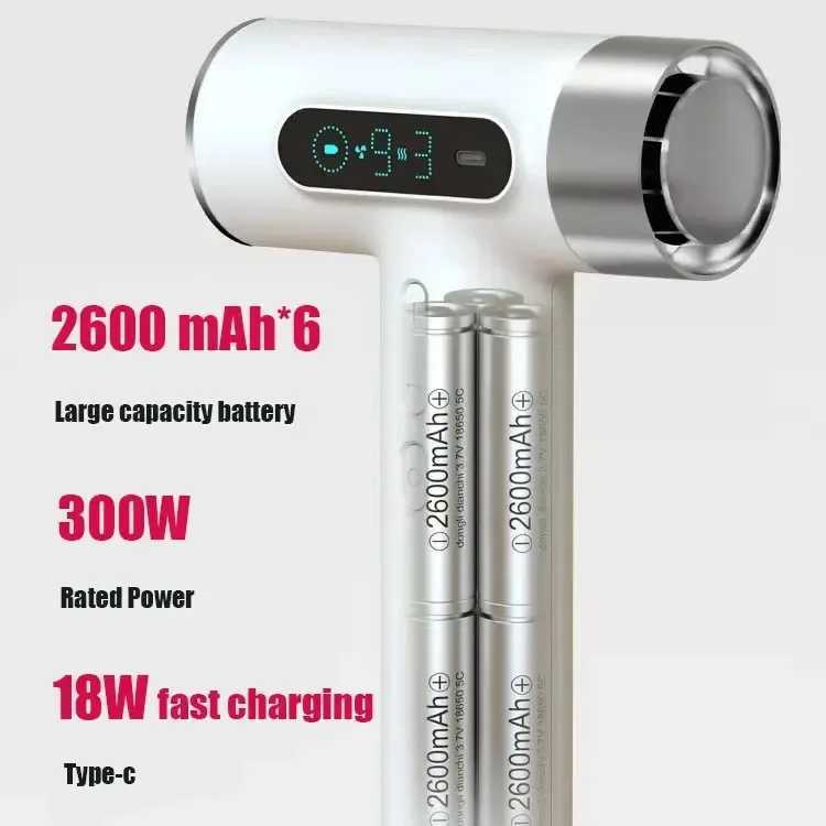 New super portable USB charging wireless hair dryer 100000RPM high wind power supply wireless cold/hot air negative ion 2600mAh Type-C W241125