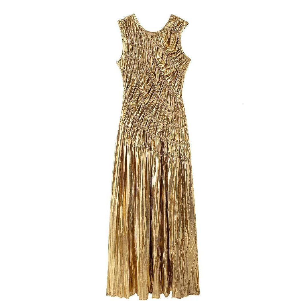Women's gold pleated long dress with temperament, one-piece long dress