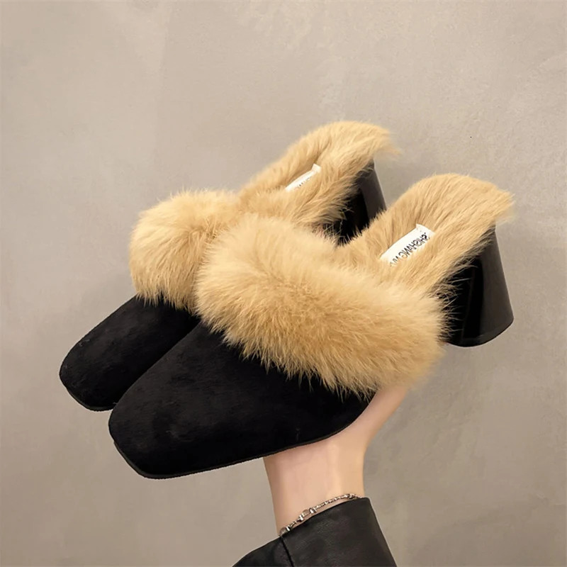 Winter Women Fur Shoes Elegant Fashion Closed Toe Mules 2024 Style Retro Versatile Soft Warm Slippers Women Flip Flops 241125