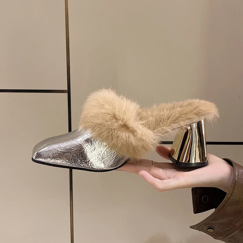 Winter Women Fur Shoes Elegant Fashion Closed Toe Mules High Heel Height Shoes Lady Sexy Chunky Soft Warm Slippers 241125