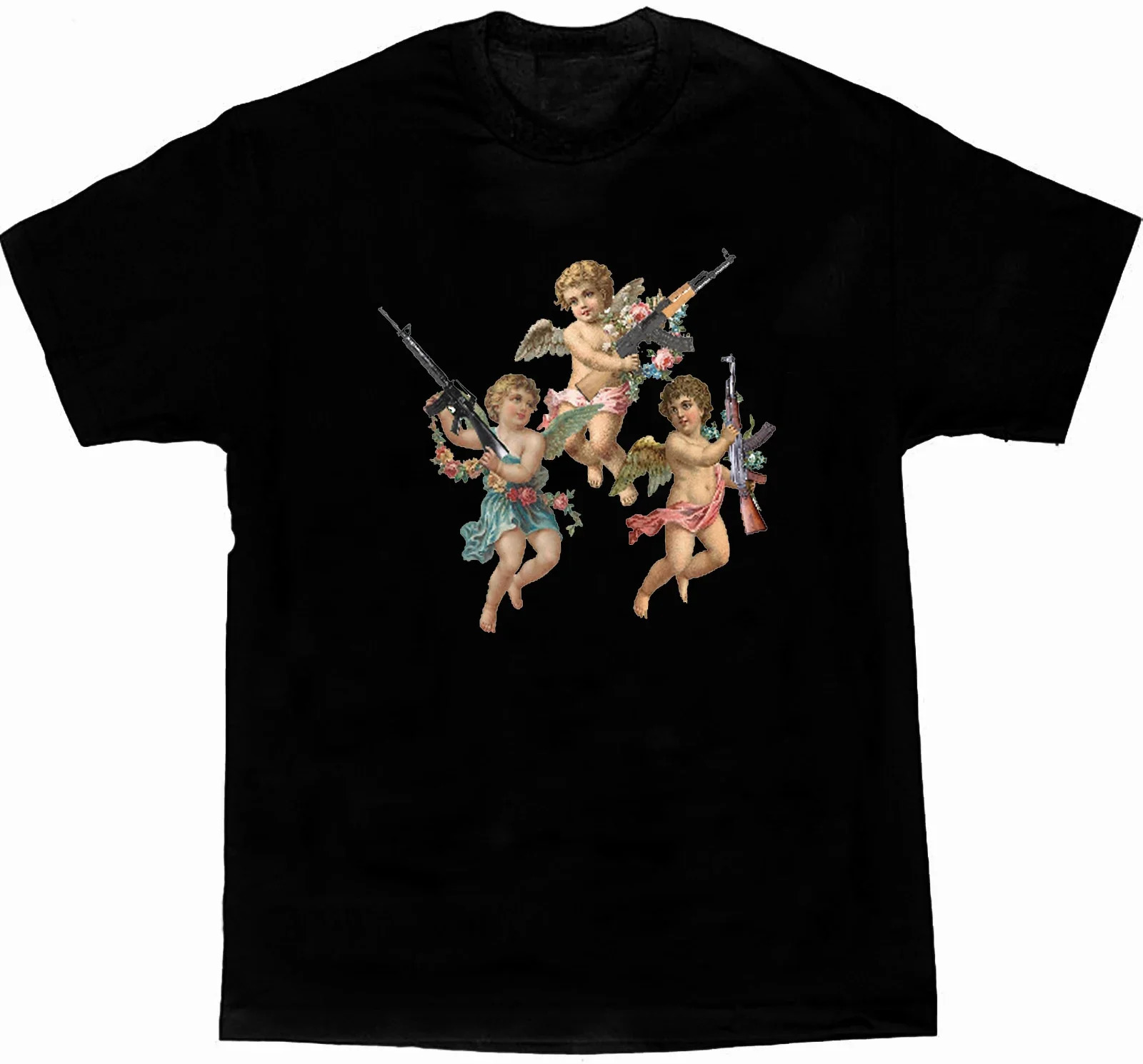 Funny AK-47 Angels with Guns T-Shirt 100% Cotton O-Neck Summer Short Sleeve Casual Mens T-shirt Size S-3XL 240424