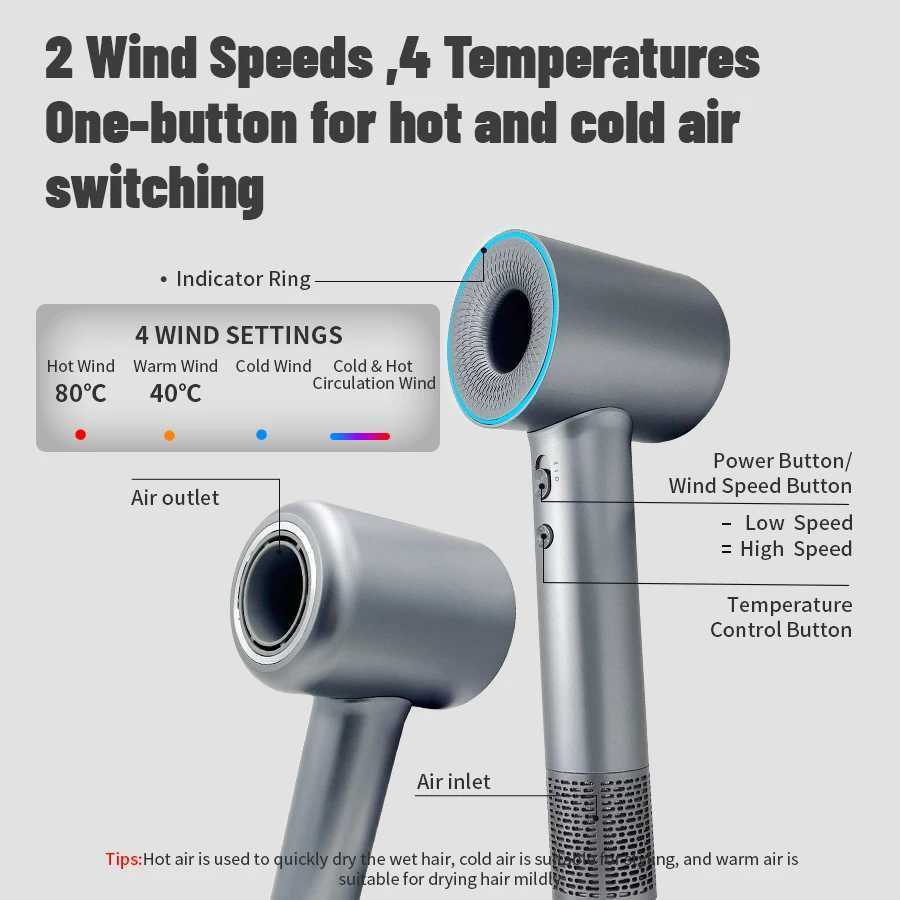 High speed hair dryer 110000RPM 400000000 negative ion professional hair dryer home travel nozzle hair dryer W241125