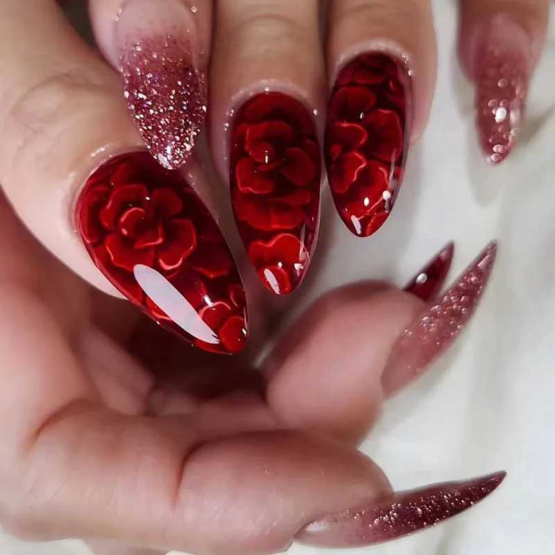 24pcs almond fake nails long French fake nails wearable leaf design nail round head on press fully covered nail tip completedW241125