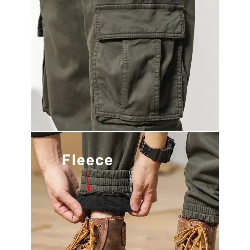 Multi-Pockets Winter Cargo Pants Men Fleece Liner Thick Warm Slim Fit Joggers Streetwear Casual Cotton Thermal Trousers 240412