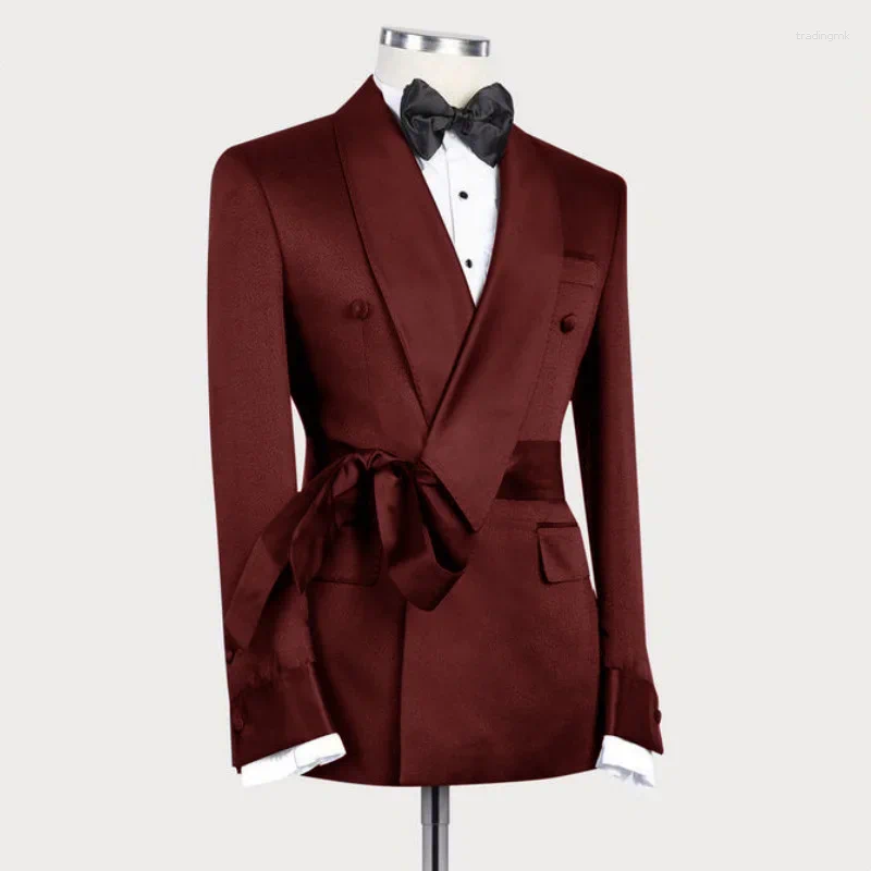 Men's Suits Fashion Shawl Lapel Men Jacket With Belt Elegant Solid Prom Party Banquet Coat Slim Formal Chic Groom Wedding Tuxedo Blazer