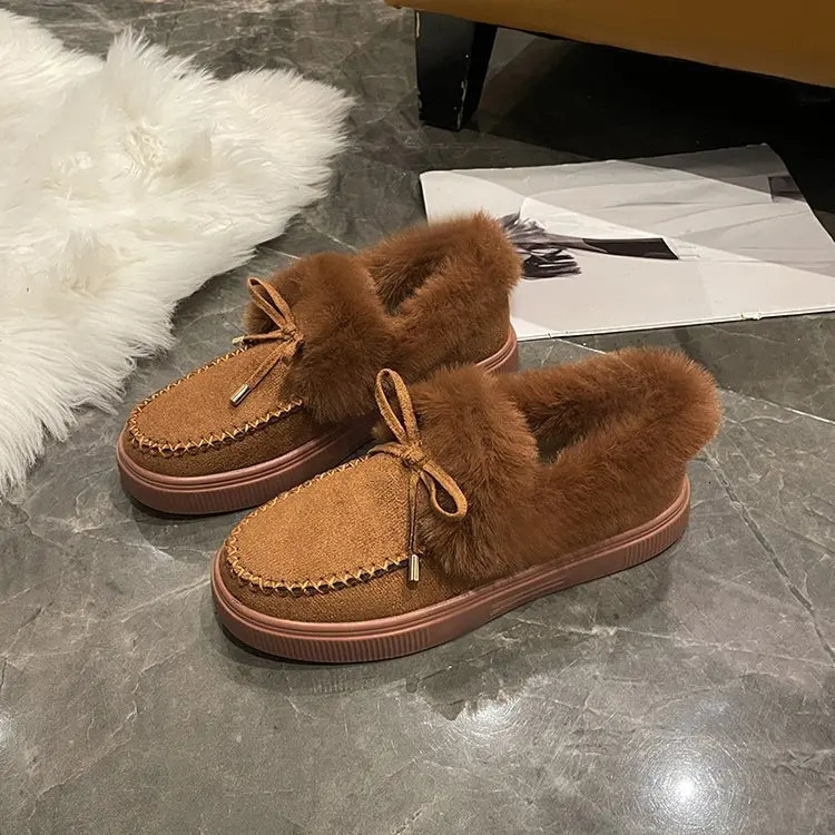 2025 Solid Color Furry Females Feetwear Women Winter Cotton Shoes Plush Warm Snow Boots Ladies Casual Flat Short Boots 4-12 241125