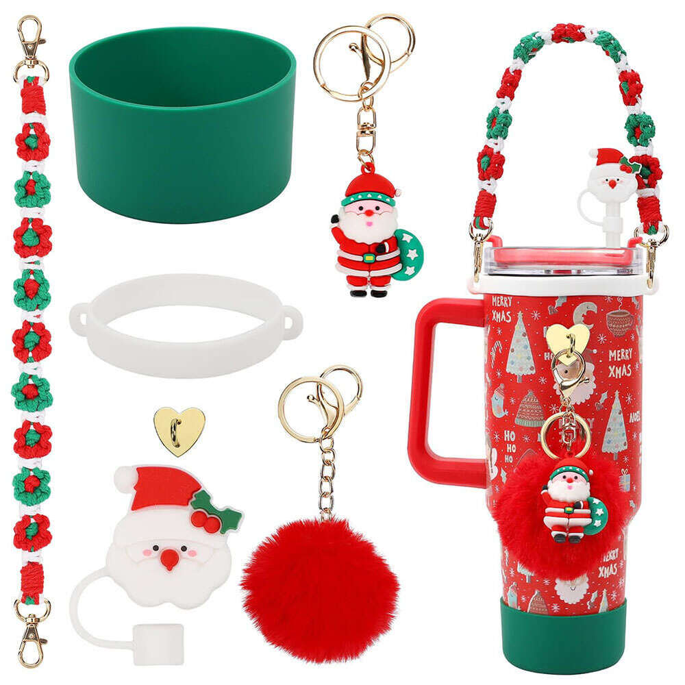 7Pcs/Set Christmas Siliocne Cup Sleeve Straw Lid Handle Strap Mini Hook for Stanley 40oz Tumbler Accessories Set