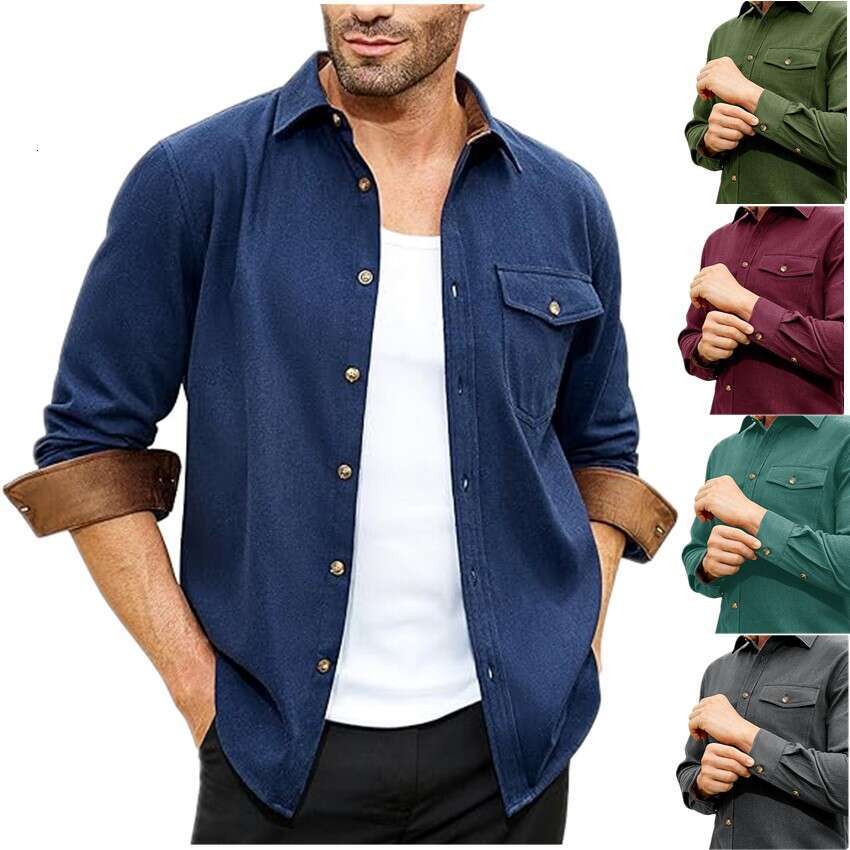 Autumn And Winter New Long Sleeved Plain Collar Daily Vacation Solid Color Men's Shirt B1