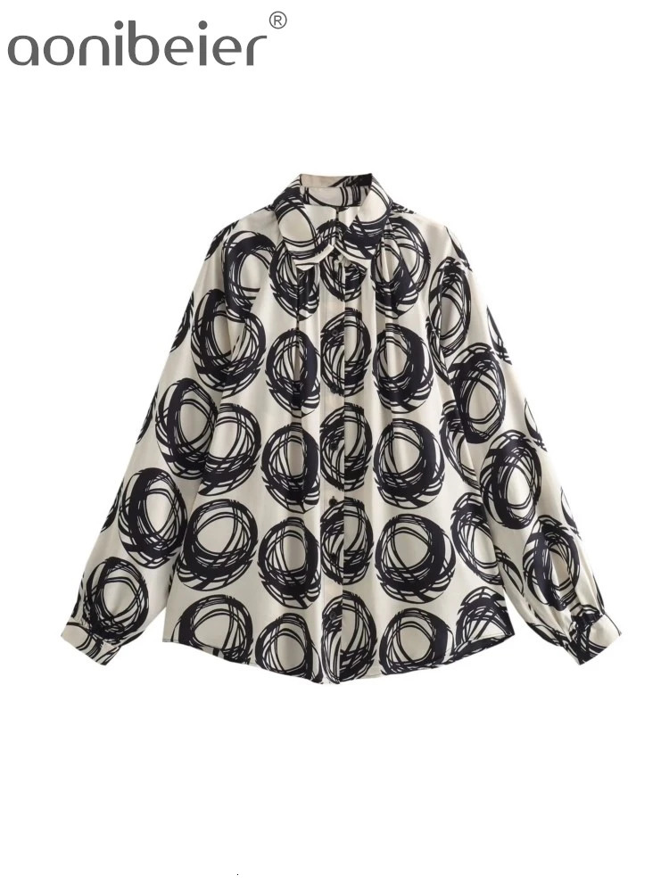 Aonibeier Women Printed 2 Piece Sets Traf Summer Long Sleeve Loose Shirt Oversize Blouse Female Top Wide Leg Pants Suits Y2K 240423