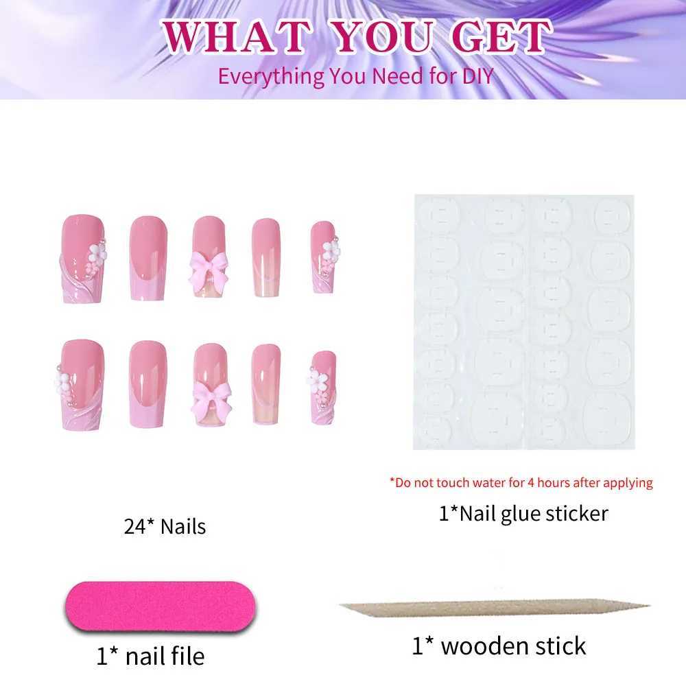 24 long holiday nails with water ripple square nails pink 3D bow transparent design removable by nail reusableW241125