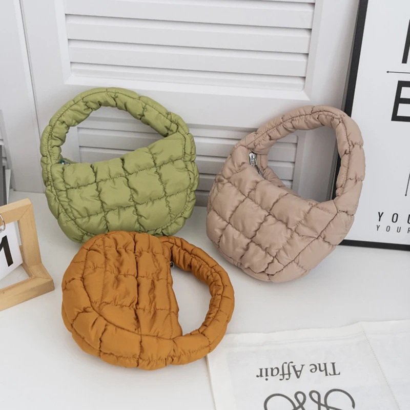 Fashion Mini Puffer Tote Bag Quilted Circle Phone Purse Elegant Purple Soft Nylon Padded Key Pouch Simple Trend Handbag 241128