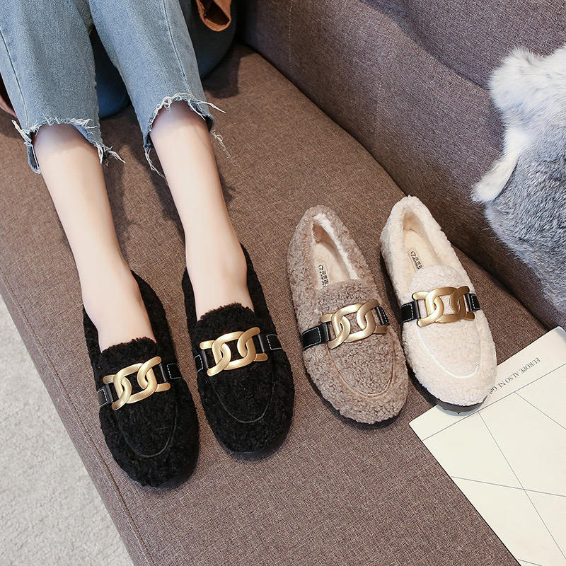 2023 Flats Brand Chain c72fa Women Wool Fur Winter Cotton Loafers Big Size 34-43 Warm Plush Mocasines Mink Hair Boat Shoes Femme