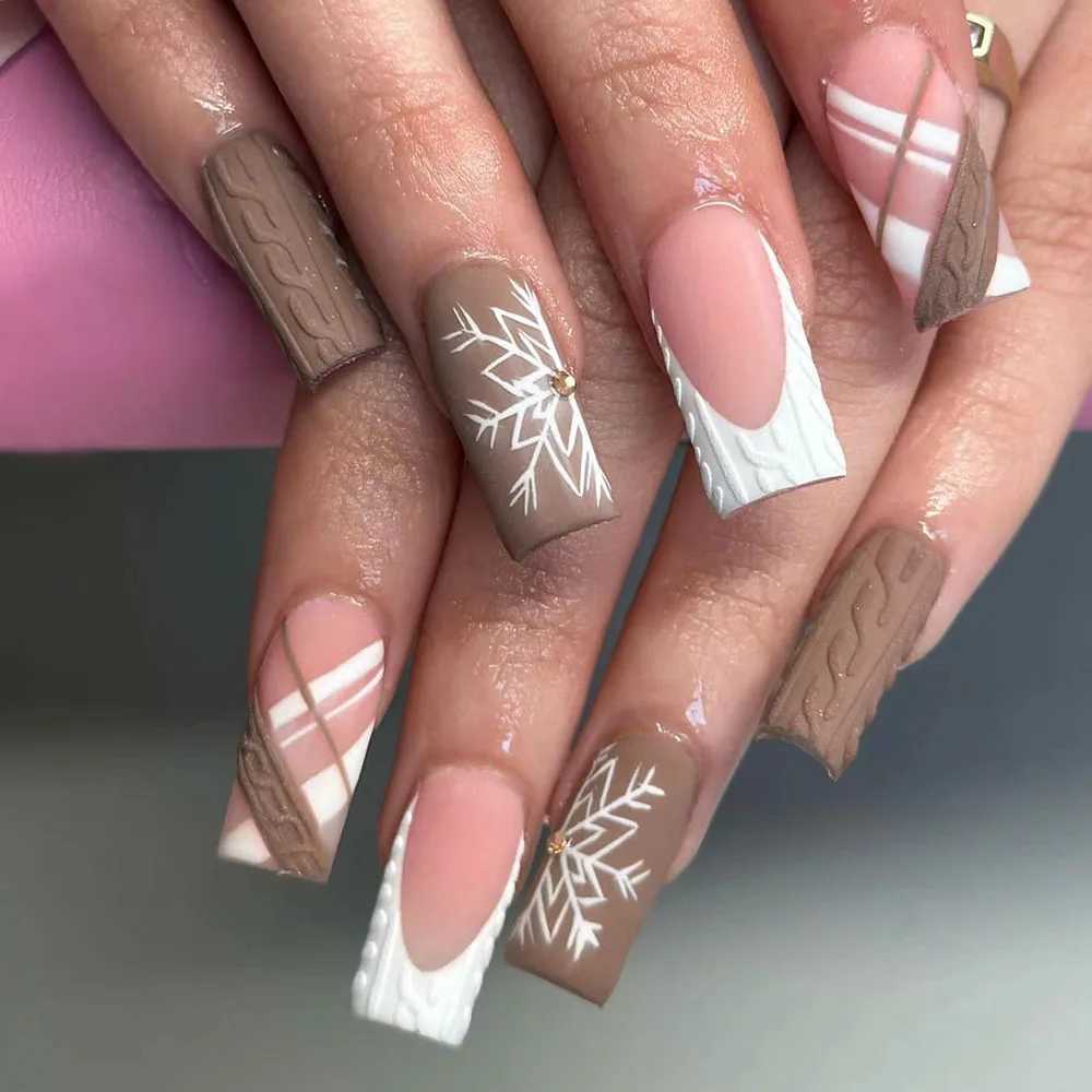 24pcs long automatic and winter square nail brown nail snow bonded diamond full cover fake nail matte 3D texture impressionW241125