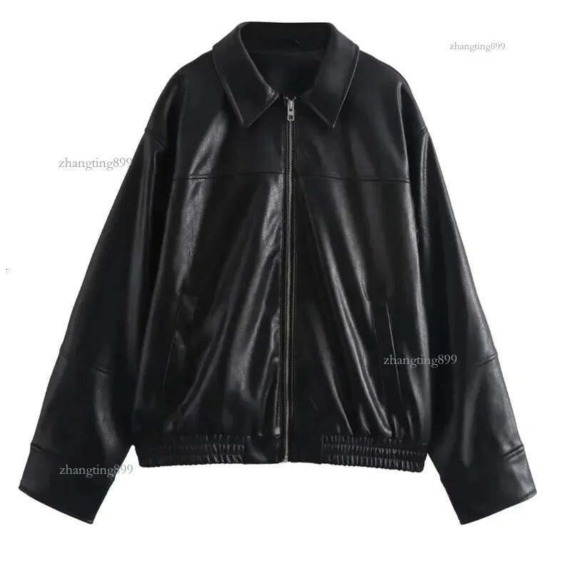 TRAF womens jacket Cropped synthetic leather jacket womens autumn long sleeved black bomber jacket fashionable half season jacket 241119
