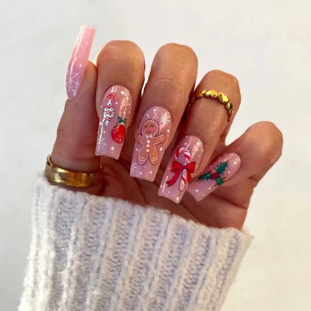 24 Christmas Snowflakes Fake Nails Square Head French Nails Snowflakes Pressed on Nails Waterproof Fake NailsW241125