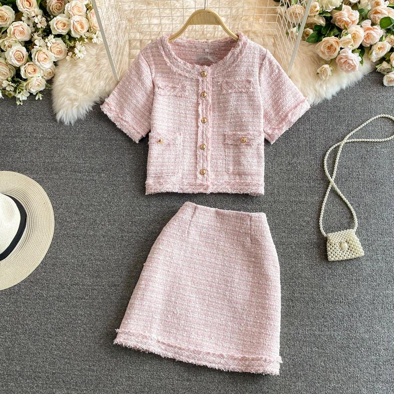 Women's Blouses Fashion Tweed Two Piece Skirt Set Elegant Short Jacket Coat Sleeved High Waist Wrapped Hip Half