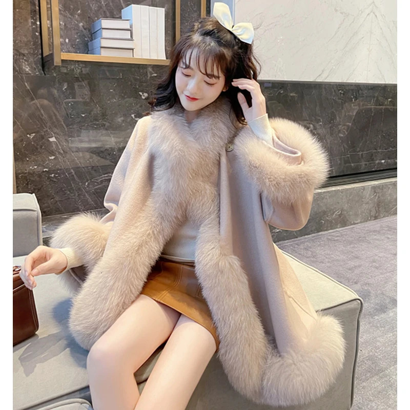 Winter Womens Woolen Coat Fashion Fox Fur Mid-Length Jacket Female Double-Sided Wool Cloak Thick Warm Outerwear 2025 241125