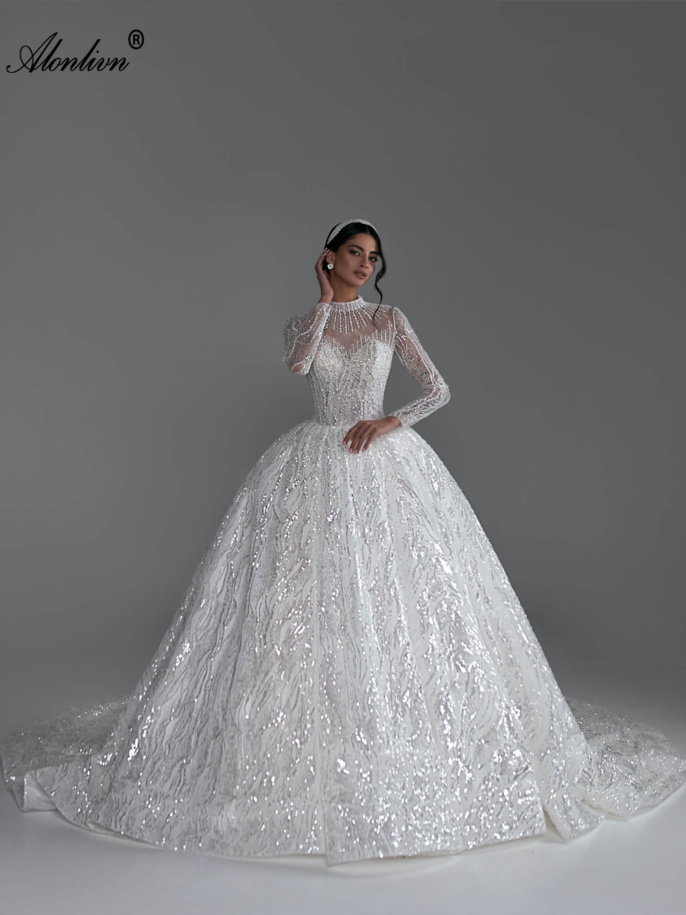 Luxury Sparkly Lace High Collar Full Sleeves Ball Gown Wedding Dress Beading Embroidery patterns princess Bridal Gowns embroidered With Multi-layered 