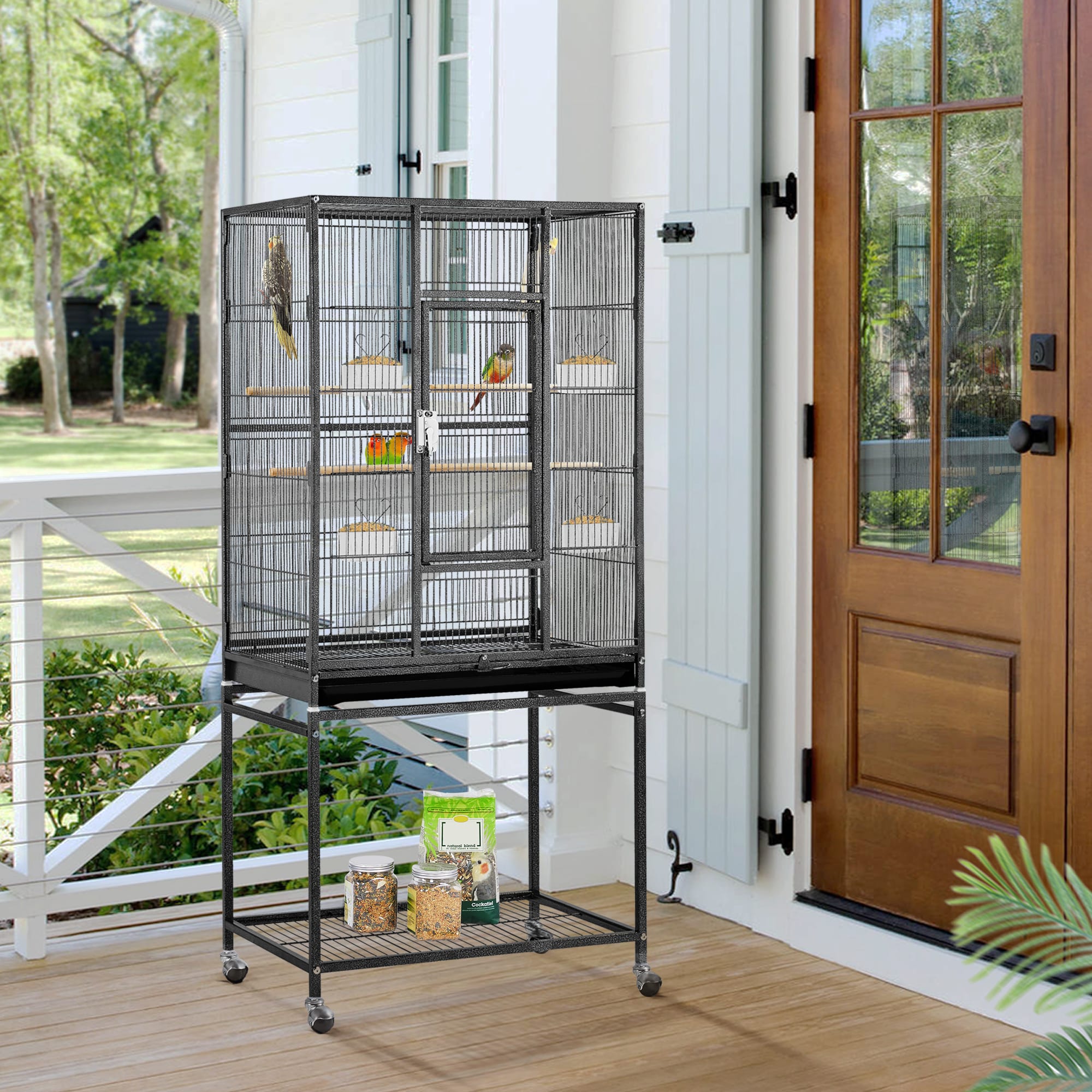 Topeakmart Hammered Black Metal Bird Cage with Rolling Detachable Stand, 53.5" H