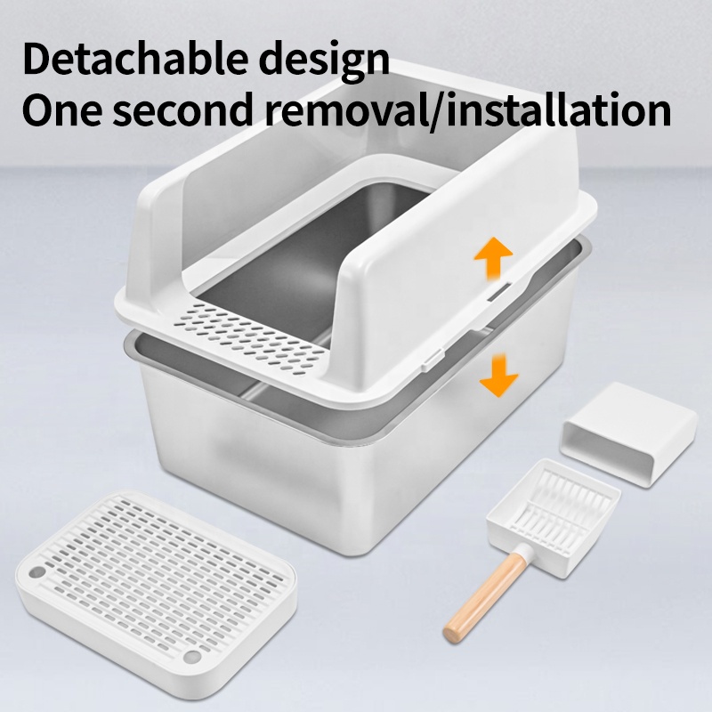Oversized Stainless Steel Cat Litter Box Raised Enclosure Splash-Proof Material Easy Clean Odorless Open Cat Toilet Accessory